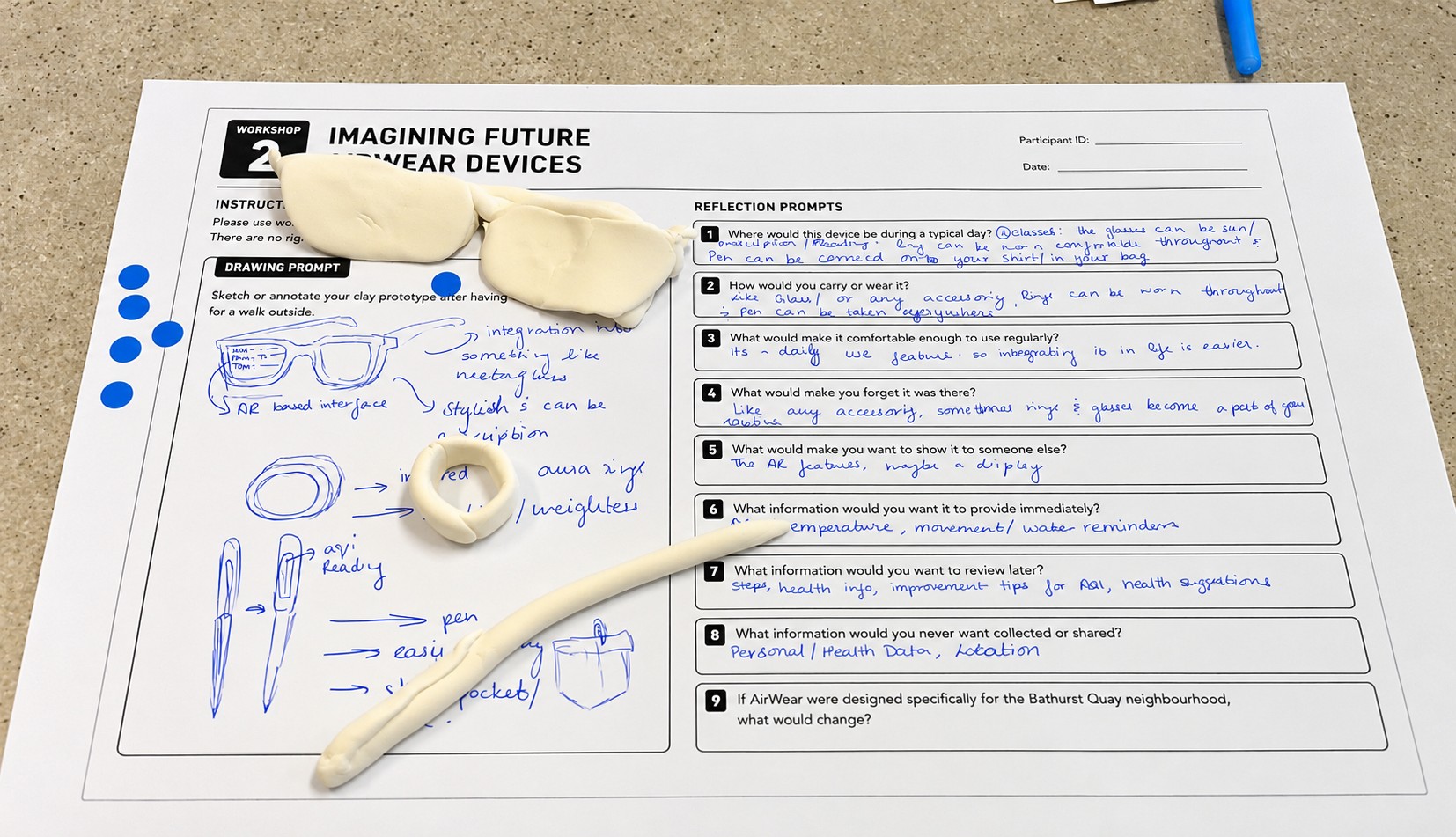 Completed AirWear co-design worksheet with sketches and clay wearable prototypes