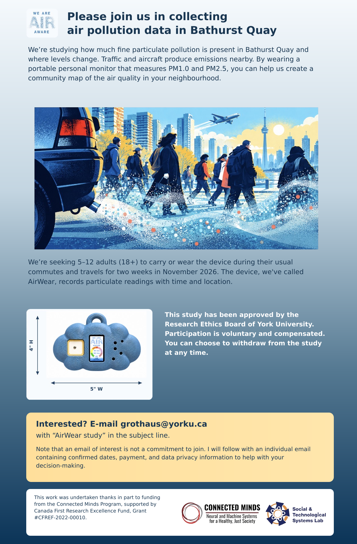 Recruitment flyer for the November 2026 AirWear study in Bathurst Quay, inviting adults aged 18 or older to help collect neighbourhood air pollution data.