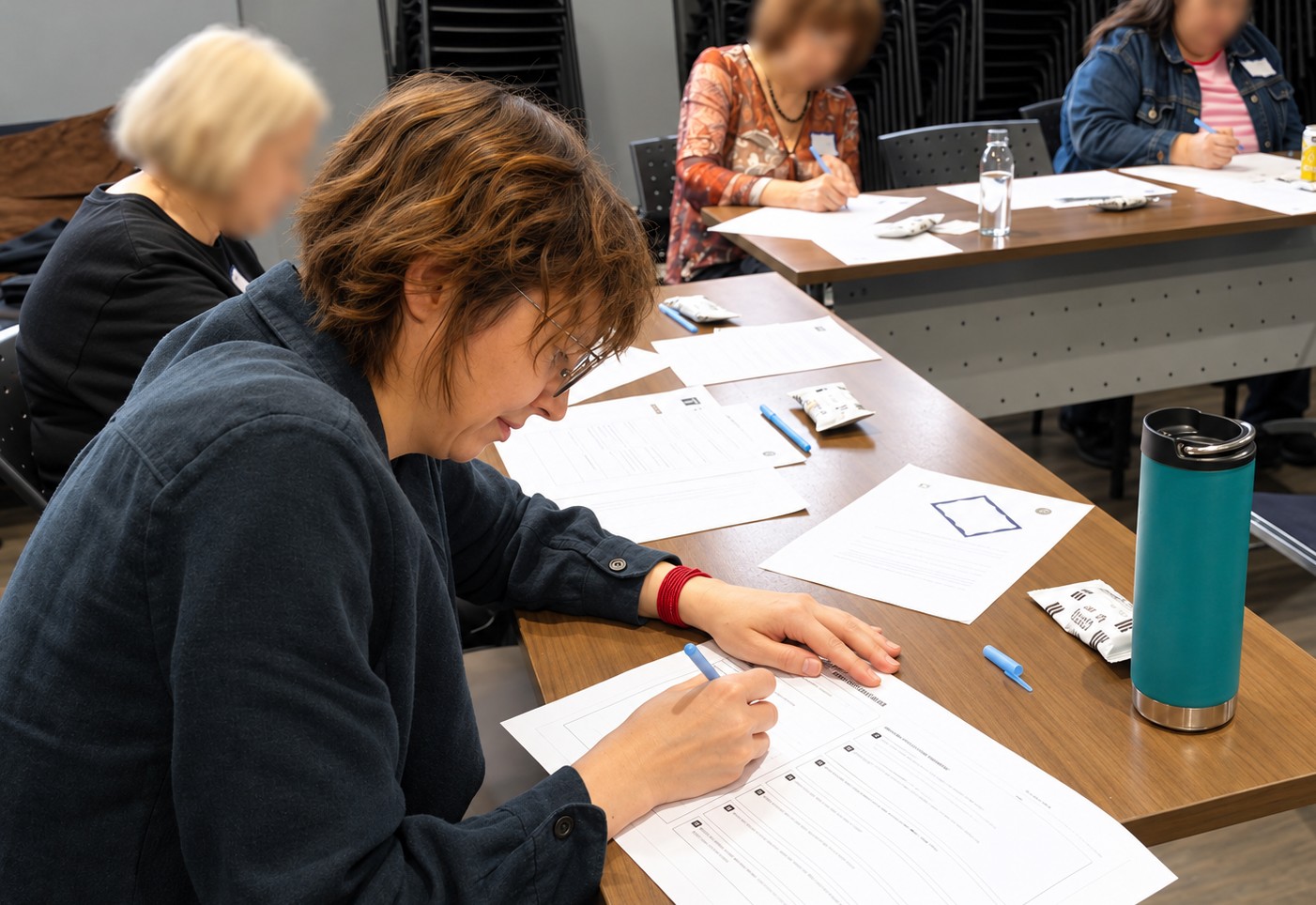 A participant sketching ideas on an AirWear co-design worksheet.