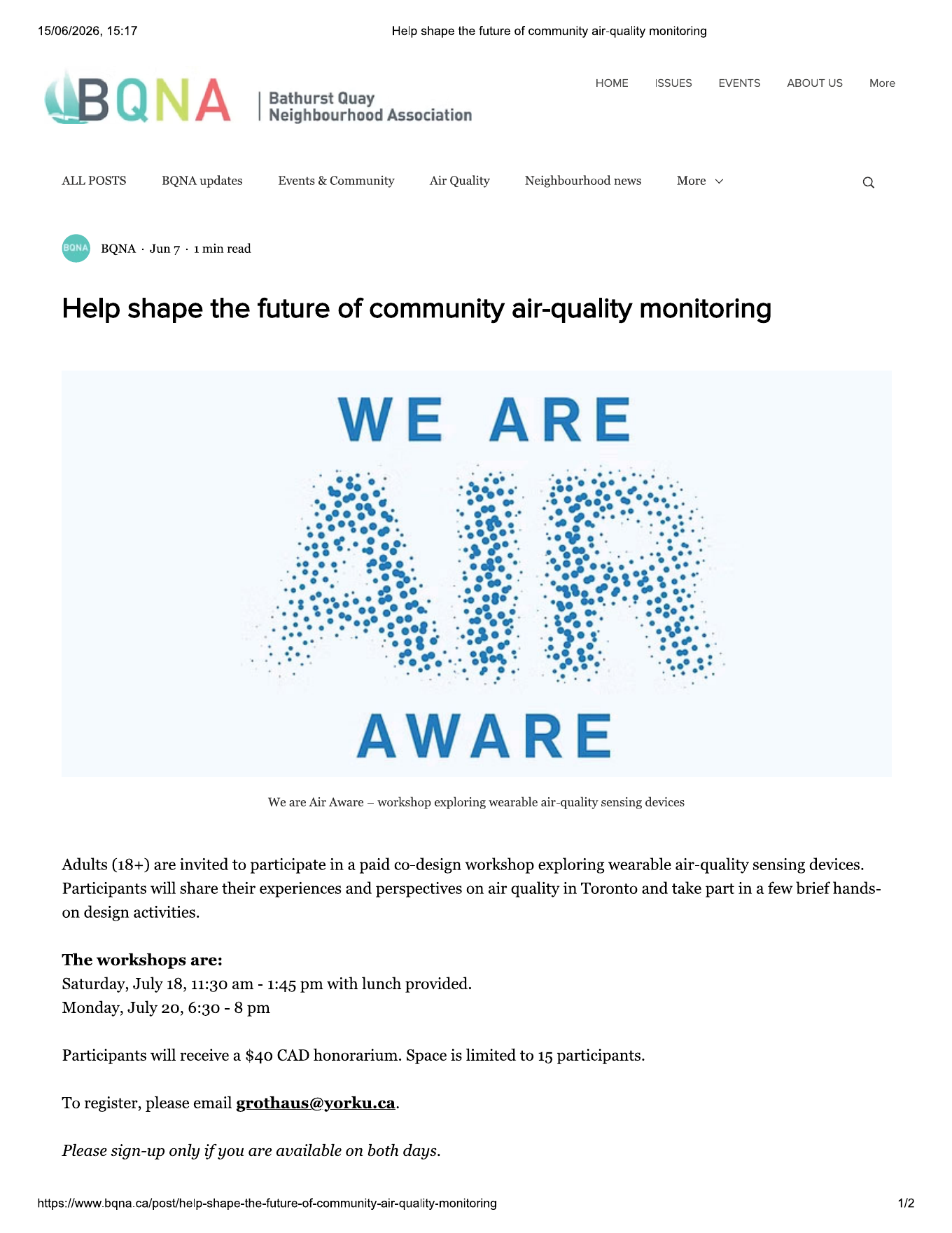 Bathurst Quay Neighbourhood Association newsletter announcement for the AirWear community workshops
