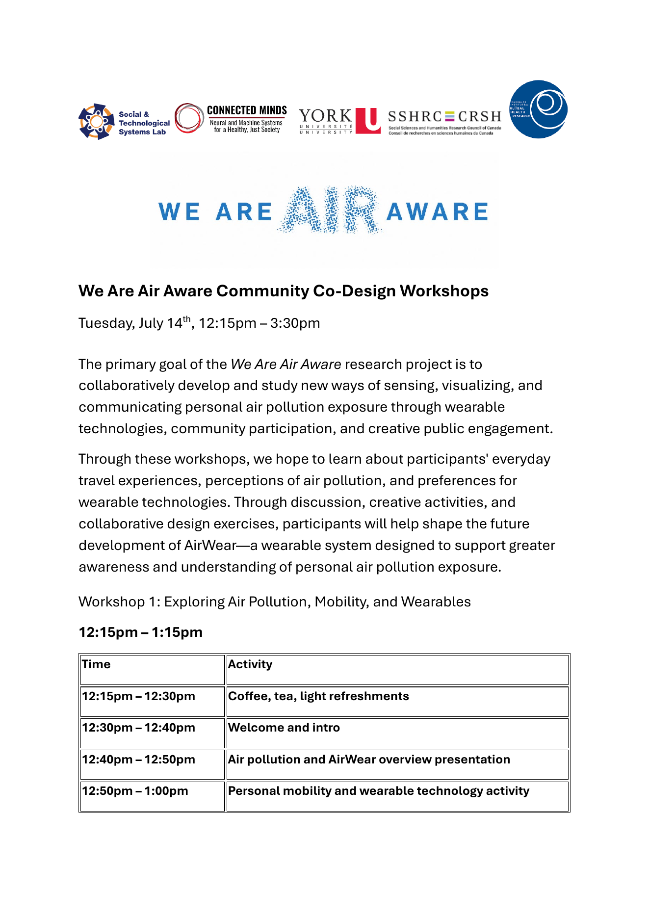 Agenda for the We Are Air Aware co-design workshop at York University